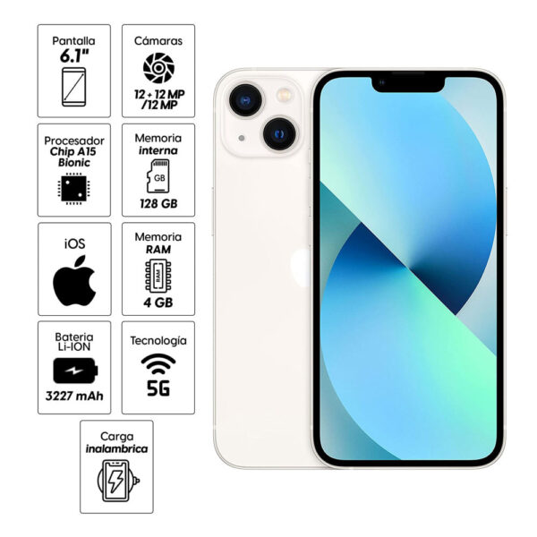 iPhone 13 128GB, 4GB RAM, cámara principal 12MP + 12MP, cámara frontal 12MP, blanco