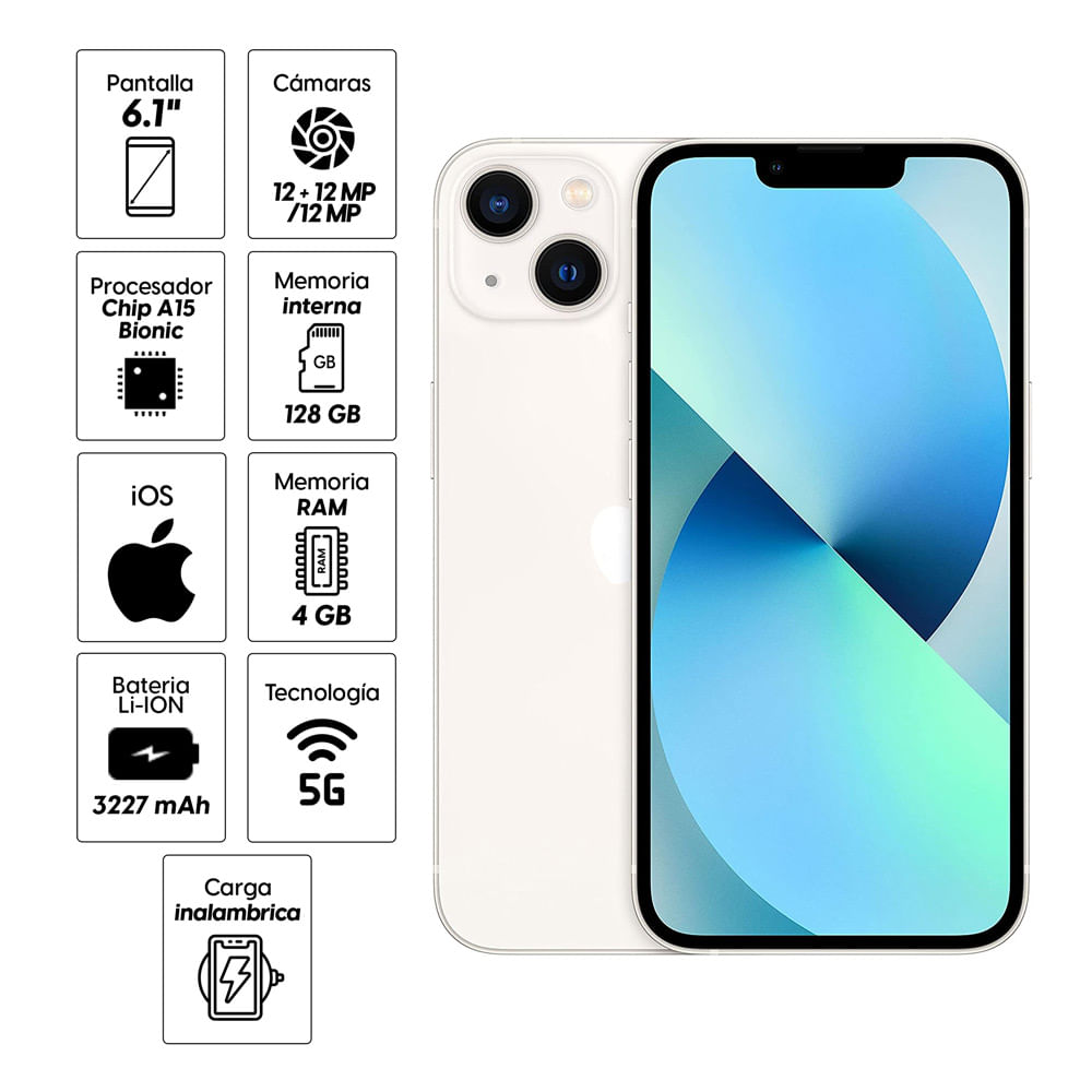 iPhone 13 128GB, 4GB RAM, cámara principal 12MP + 12MP, cámara frontal 12MP, blanco