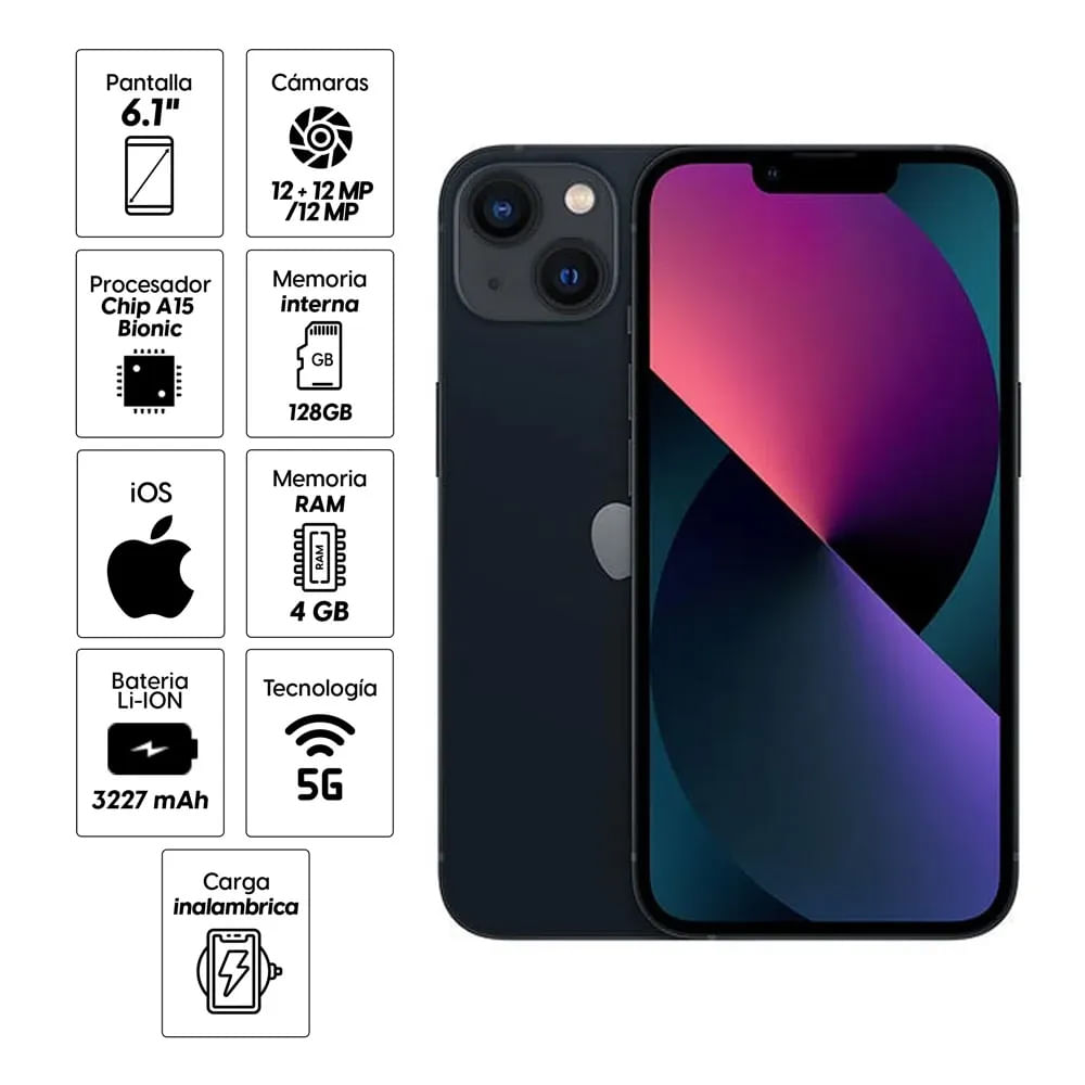iPhone 13 128GB, 4GB RAM, cámara principal 12MP + 12MP, frontal 12MP, 6.1", negro