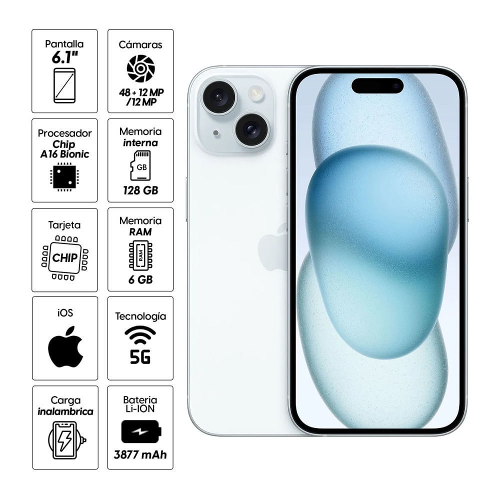 iPhone 15 c/CHIP 128GB, 6GB RAM, cámara principal 48MP + 12MP, frontal 12MP, 6.1", azul