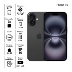 iPhone 16 eSIM 5G 128GB, 8GB RAM, cámara principal 48MP + 12MP, frontal 12MP, 6.1", negro