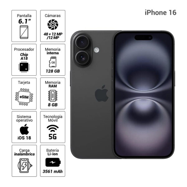 iPhone 16 eSIM 5G 128GB, 8GB RAM, cámara principal 48MP + 12MP, frontal 12MP, 6.1", negro