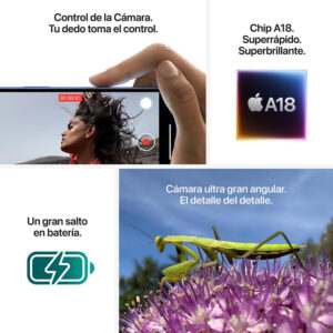 iPhone 16 eSIM 5G 128GB, 8GB RAM, cámara principal 48MP + 12MP, frontal 12MP, 6.1", negro