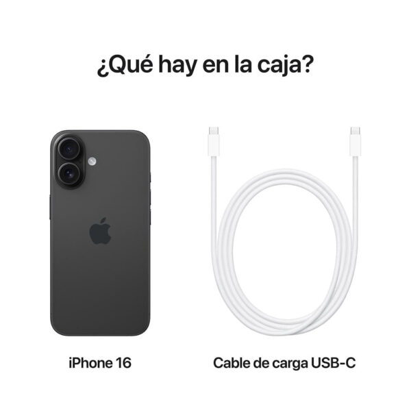 iPhone 16 eSIM 5G 128GB, 8GB RAM, cámara principal 48MP + 12MP, frontal 12MP, 6.1", negro