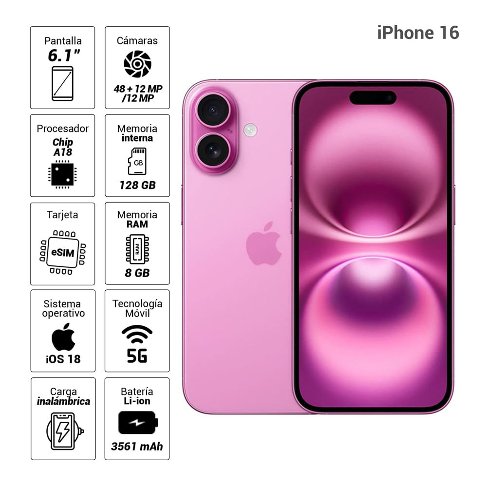 iPhone 16 eSIM 5G 128GB, 8GB RAM, cámara principal 48MP + 12MP, frontal 12MP, 6.1", rosado
