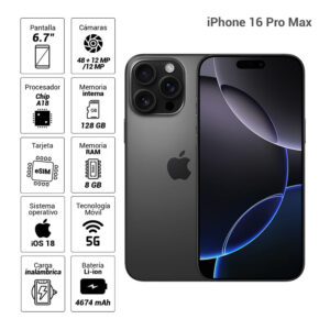 iPhone 16 Plus eSIM 5G 128GB, 8GB RAM, cámara principal 48MP + 12MP, frontal 12MP, 6.7", negro