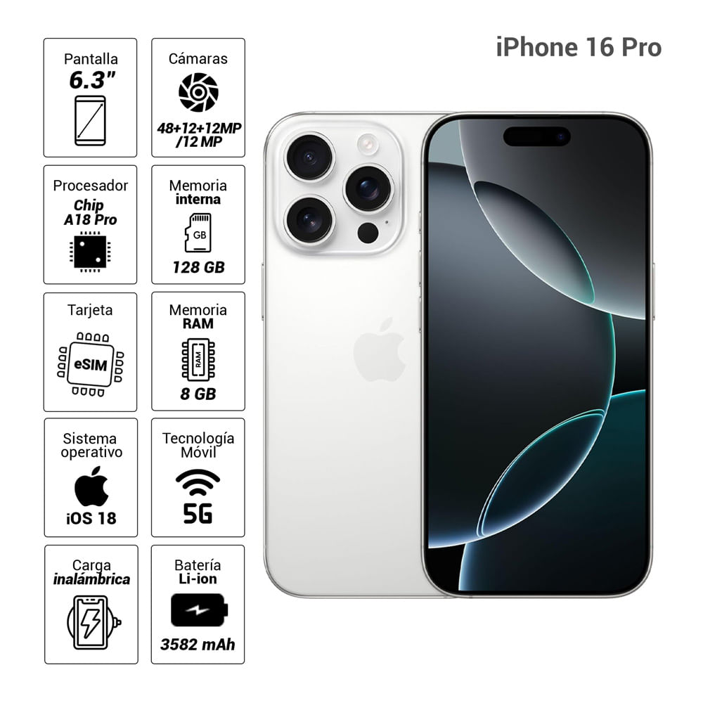iPhone 16 Pro 5G 128GB, 8GB RAM, cámara principal 48MP + 48MP + 12MP, frontal 12MP, 6.3", White-Titanium
