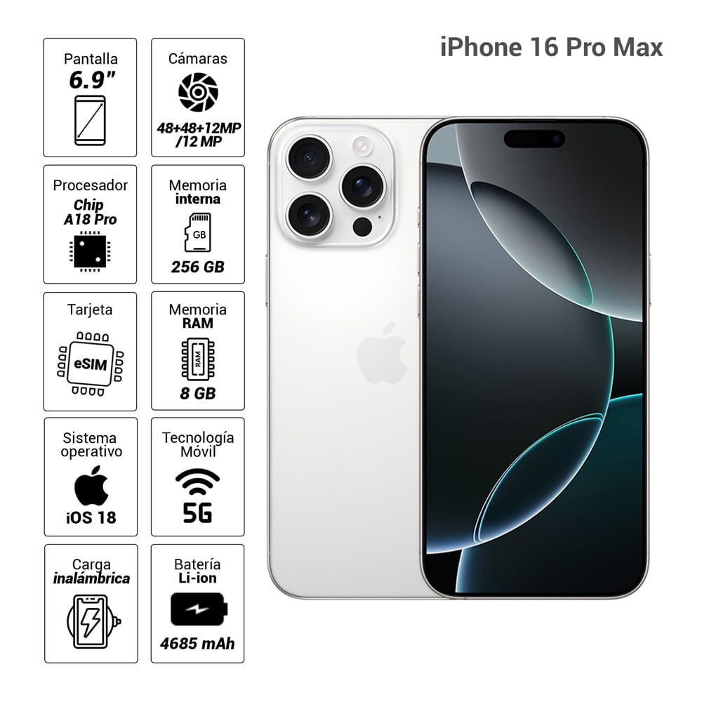 iPhone 16 Pro Max eSIM 5G 256GB, 8GB RAM, cámara principal 48MP + 48MP + 12MP, frontal 12MP, 6.9", White-Titanium