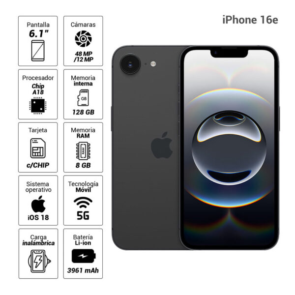 iPhone 16e 5G 128GB, 8GB RAM, cámara principal 48MP, frontal 12MP, 6.1", negro