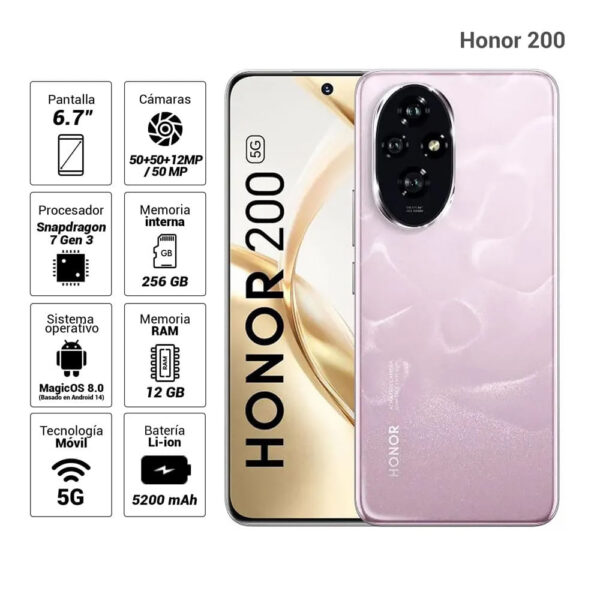 Celular Honor 200 5G 256GB, 12GB RAM, cámara principal 50MP+50MP+12MP, frontal 50MP, 6.7", Dual SIM, Coral Pink