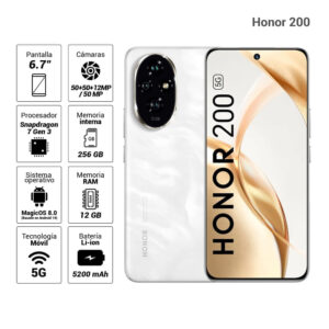 Celular Honor 200 5G 256GB, 12GB RAM, cámara principal 50MP+50MP+12MP, frontal 50MP, 6.7", Dual SIM, Lunar White