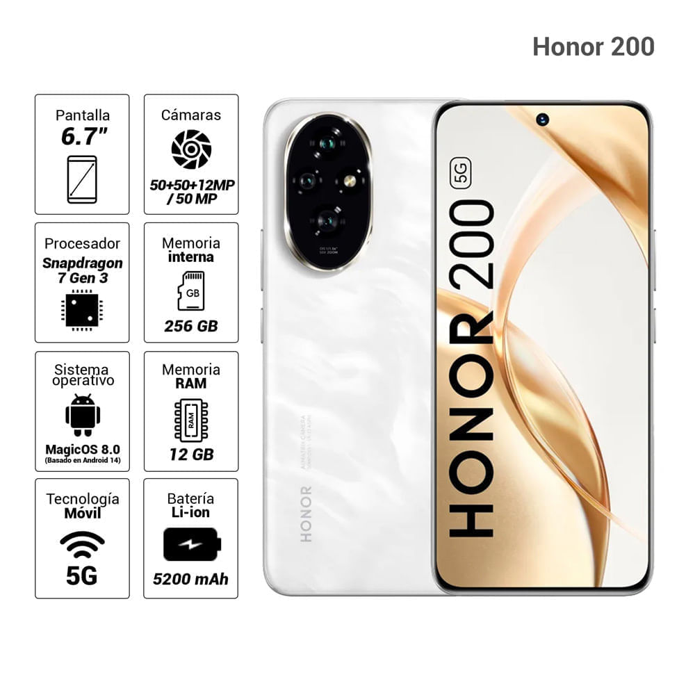 Celular Honor 200 5G 256GB, 12GB RAM, cámara principal 50MP+50MP+12MP, frontal 50MP, 6.7", Dual SIM, Lunar White