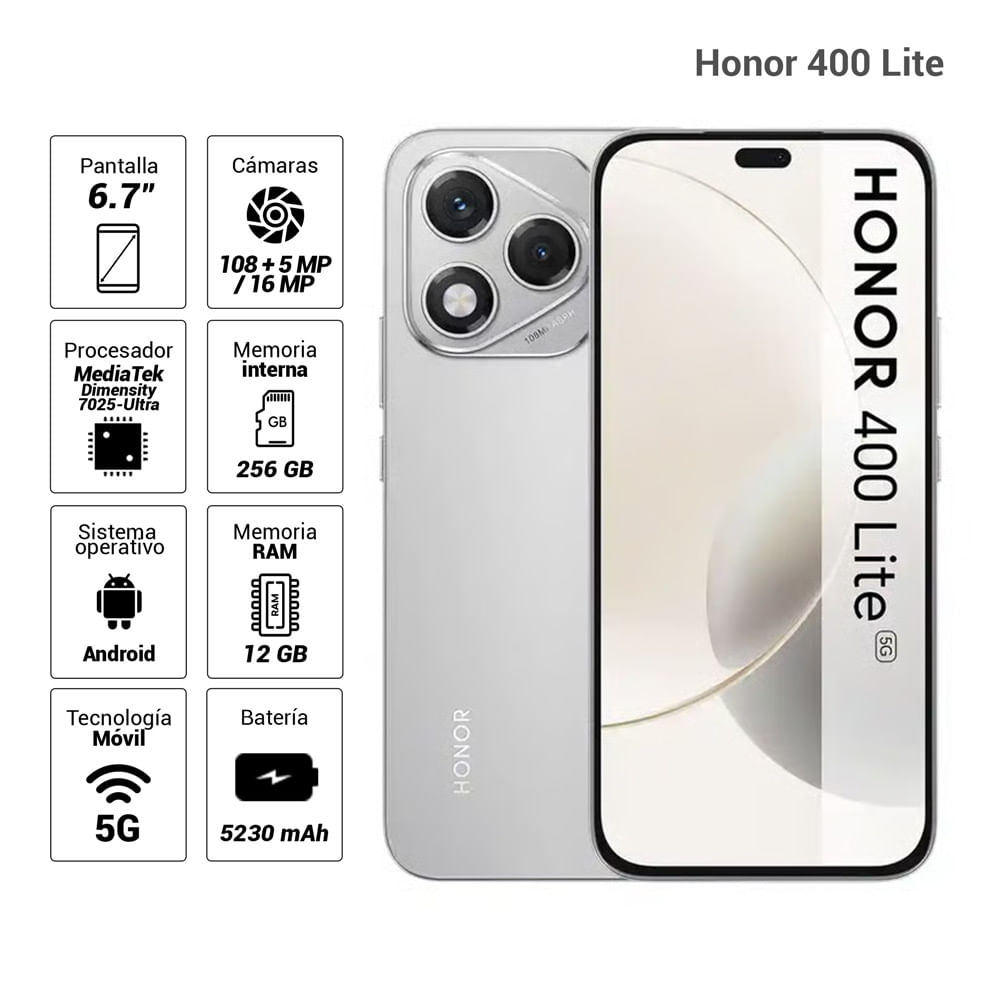 Celular Honor 400 Lite 5G 256GB, 12GB RAM, cámara principal 108MP + 5MP, frontal 16 MP, 6.7", gris