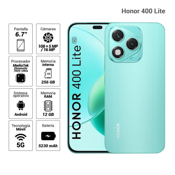 Celular Honor 400 Lite 5G 256GB, 12GB RAM, cámara principal 108MP + 5MP, frontal 16 MP, 6.7", verde