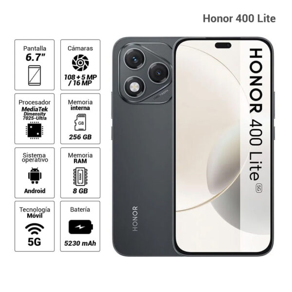 Celular Honor 400 Lite 5G 256GB, 8GB RAM, cámara principal 108MP+5MP, frontal 16MP, 6.7", negro