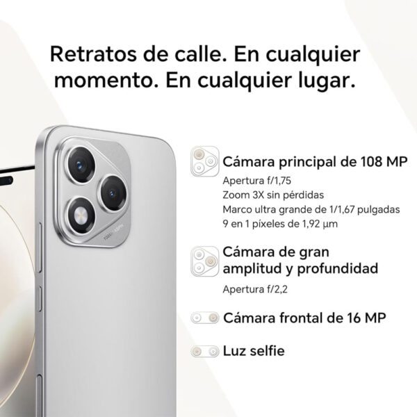 Celular Honor 400 Lite 5G 256GB, 8GB RAM, cámara principal 108MP+5MP, frontal 16MP, 6.7", negro