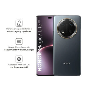 Celular Honor Magic7 Lite 5G 256GB, 8GB RAM, cámara principal 108MP + 5MP, frontal 16MP, 6.78", negro titanio