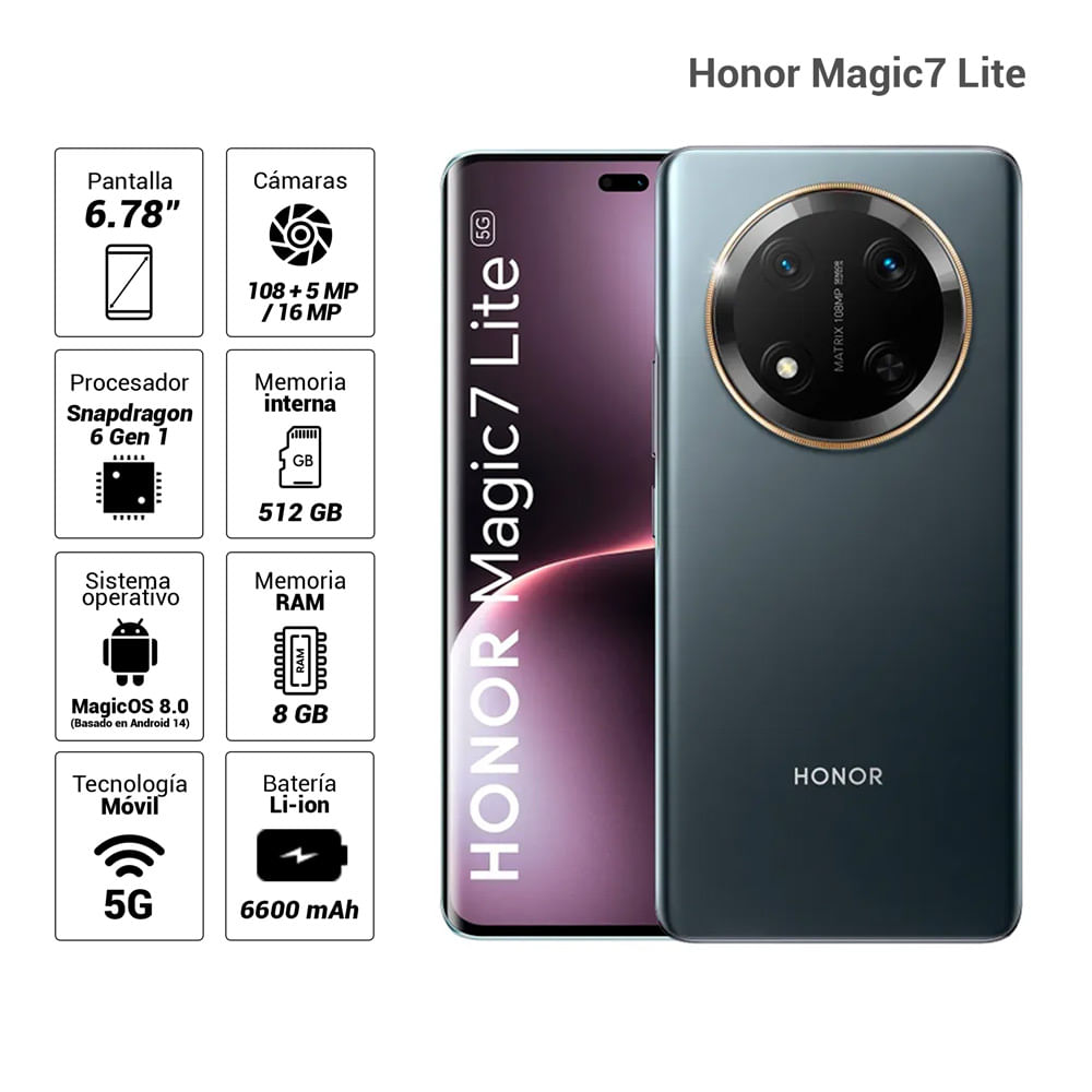 Celular Honor Magic7 Lite 5G 512GB, 8GB RAM, cámara principal 108MP + 5MP, frontal 16MP, 6.78", negro titanio