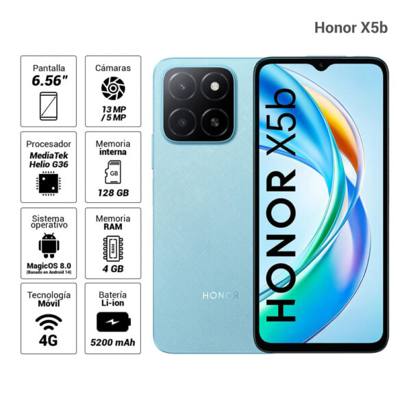 Celular Honor X5b 4G 128GB, 4GB RAM, cámara principal 13MP, frontal 5MP, 6.56", azul