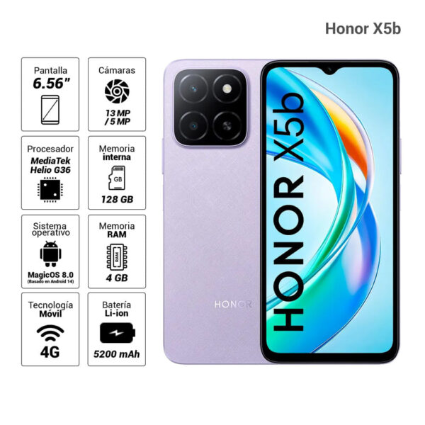 Celular Honor X5b 4G 128GB, 4GB RAM, cámara principal 13MP, frontal 5MP, 6.56", morado