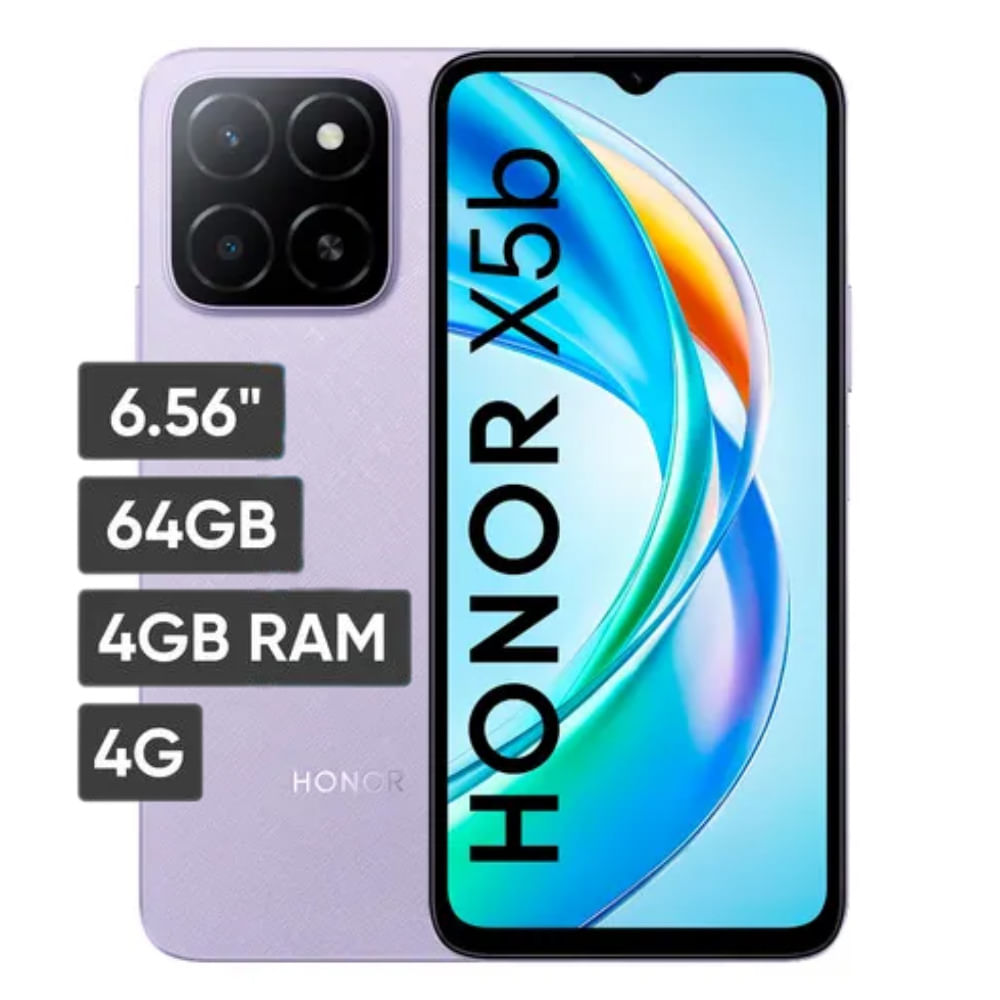 Celular Honor X5b 4G 64GB, 4GB RAM, cámara principal 50MP + 0.08MP, frontal 5MP, 6.56", morado