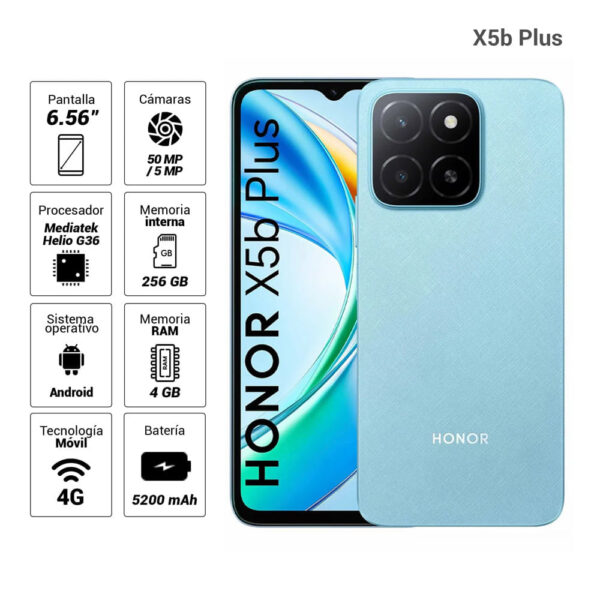 Celular Honor X5b Plus 4G 256GB, 4GB RAM, cámara principal 50MP + 0.08MP, frontal 5MP, 6.56'', azul