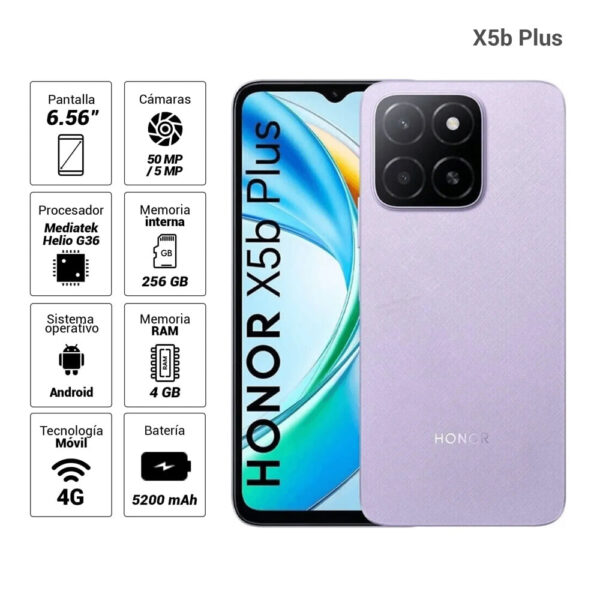 Celular Honor X5b Plus 4G 256GB, 4GB RAM, cámara principal 50MP + 0.08MP, frontal 5MP, 6.56", Dual SIM, morado estelar