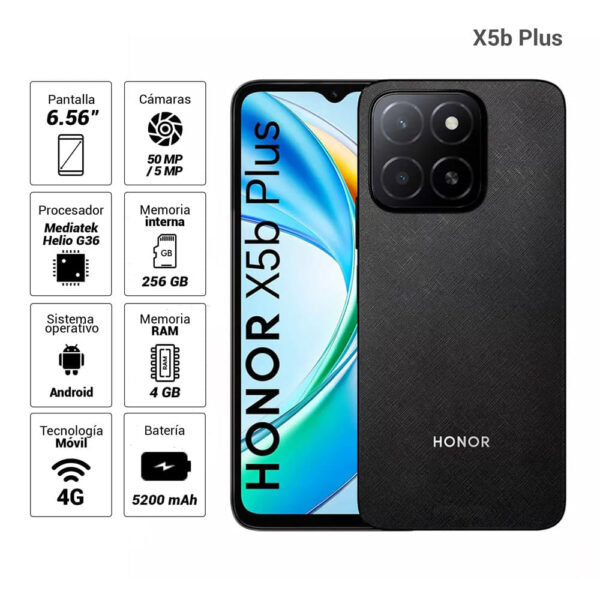 Celular Honor X5b Plus 4G 256GB, 4GB RAM, cámara principal 50MP + 0.08MP, frontal 5MP, 6.56", Dual SIM, negro