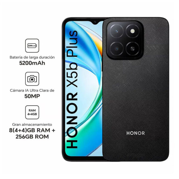 Celular Honor X5b Plus 4G 256GB, 4GB RAM, cámara principal 50MP + 0.08MP, frontal 5MP, 6.56", Dual SIM, negro