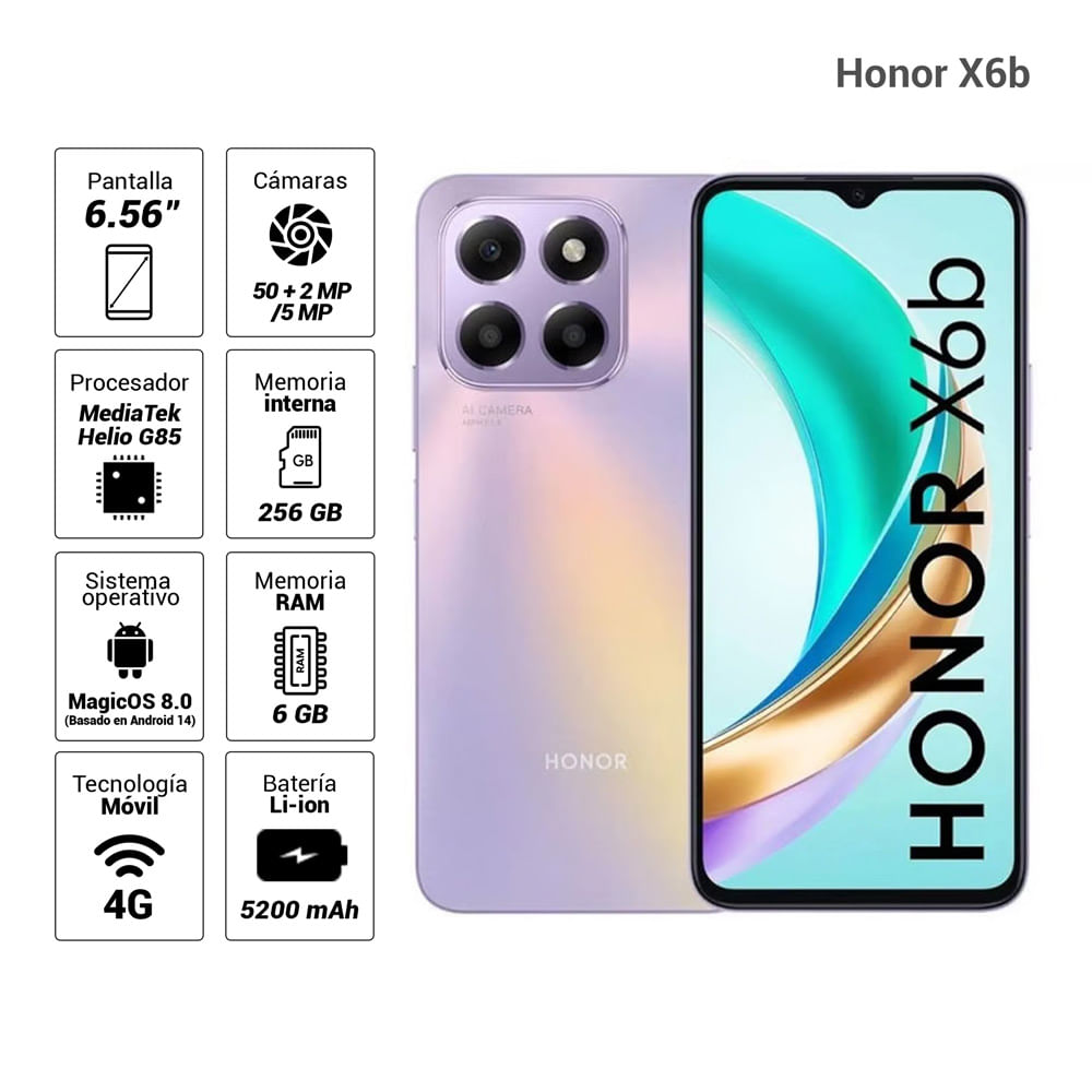 Celular Honor X6B 4G 256GB, 6GB RAM, cámara principal 50MP+2MP, frontal 5MP, 6.56", Dual SIM, Starry Purple