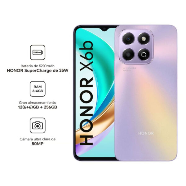 Celular Honor X6B 4G 256GB, 6GB RAM, cámara principal 50MP+2MP, frontal 5MP, 6.56", Dual SIM, Starry Purple