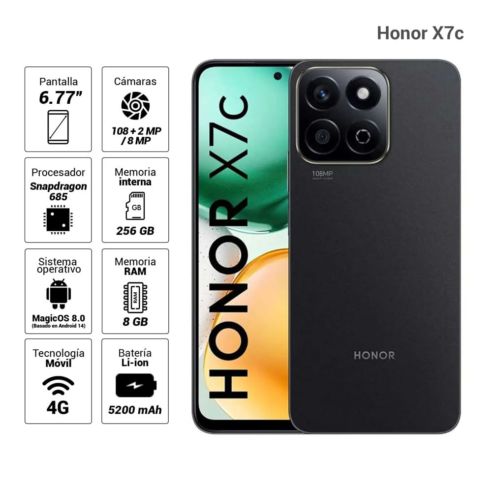 Celular Honor X7c 4G 256GB, 8GB RAM, cámara principal 108MP + 2MP, frontal 8MP, 6.77", negro