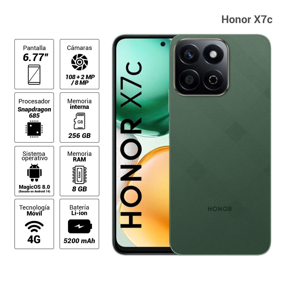 Celular Honor X7c 4G 256GB, 8GB RAM, cámara principal 108MP + 2MP, frontal 8MP, 6.77", verde
