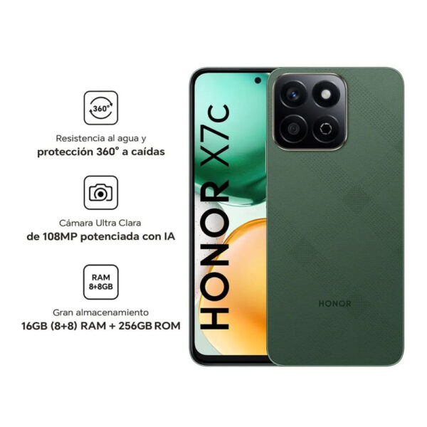 Celular Honor X7c 4G 256GB, 8GB RAM, cámara principal 108MP + 2MP, frontal 8MP, 6.77", verde