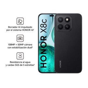 Celular Honor X8c 4G 256GB, 8GB RAM, cámara principal 108MP + 5MP, frontal 50MP, 6.7", midnight black