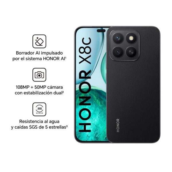 Celular Honor X8c 4G 256GB, 8GB RAM, cámara principal 108MP + 5MP, frontal 50MP, 6.7", midnight black