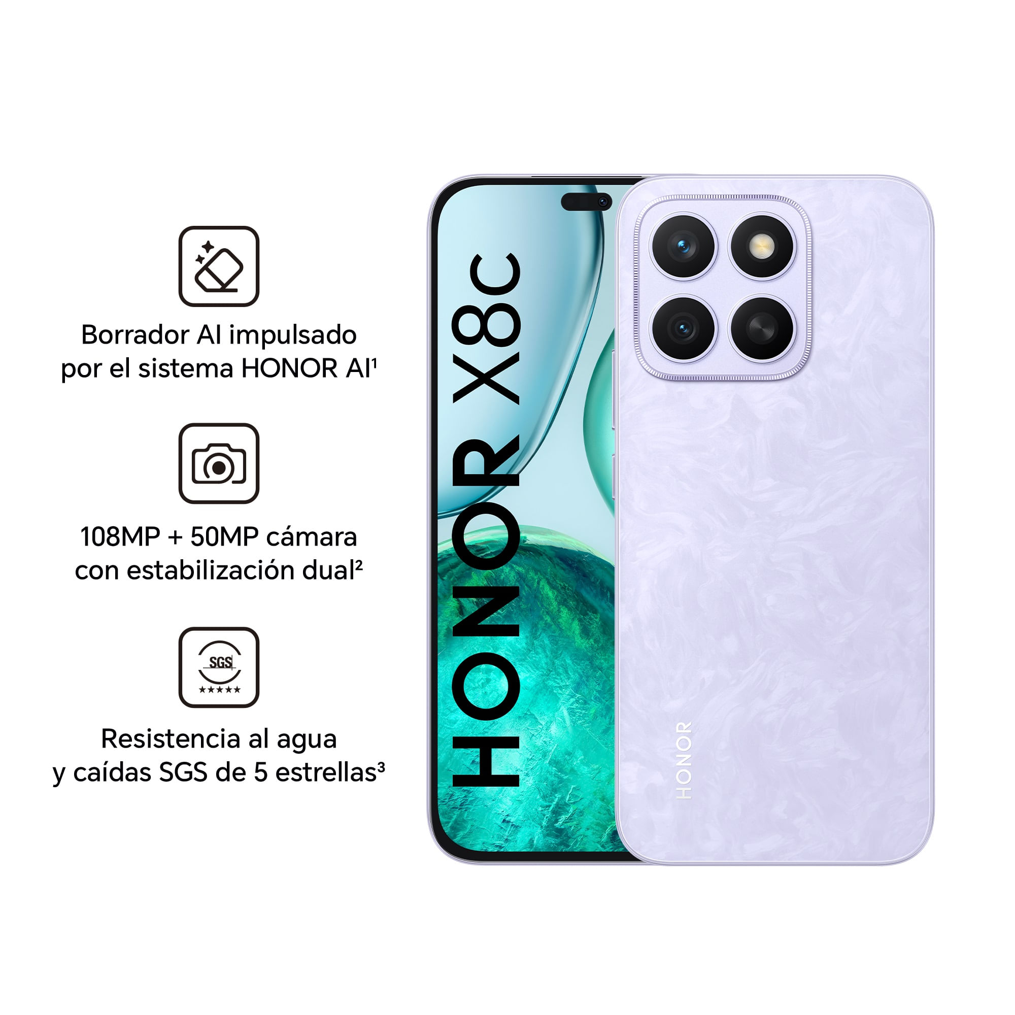 Celular Honor X8c 4G 256GB, 8GB RAM, cámara principal 108MP + 5MP, frontal 50MP, 6.7", morado