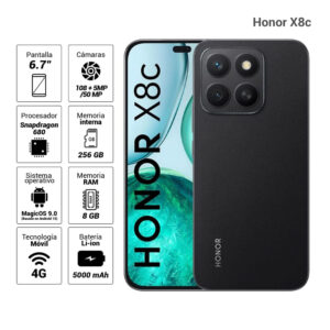 Celular Honor X8c 4G 256GB, 8GB RAM, cámara principal 108MP + 5MP, frontal 50MP, 6.7", negro