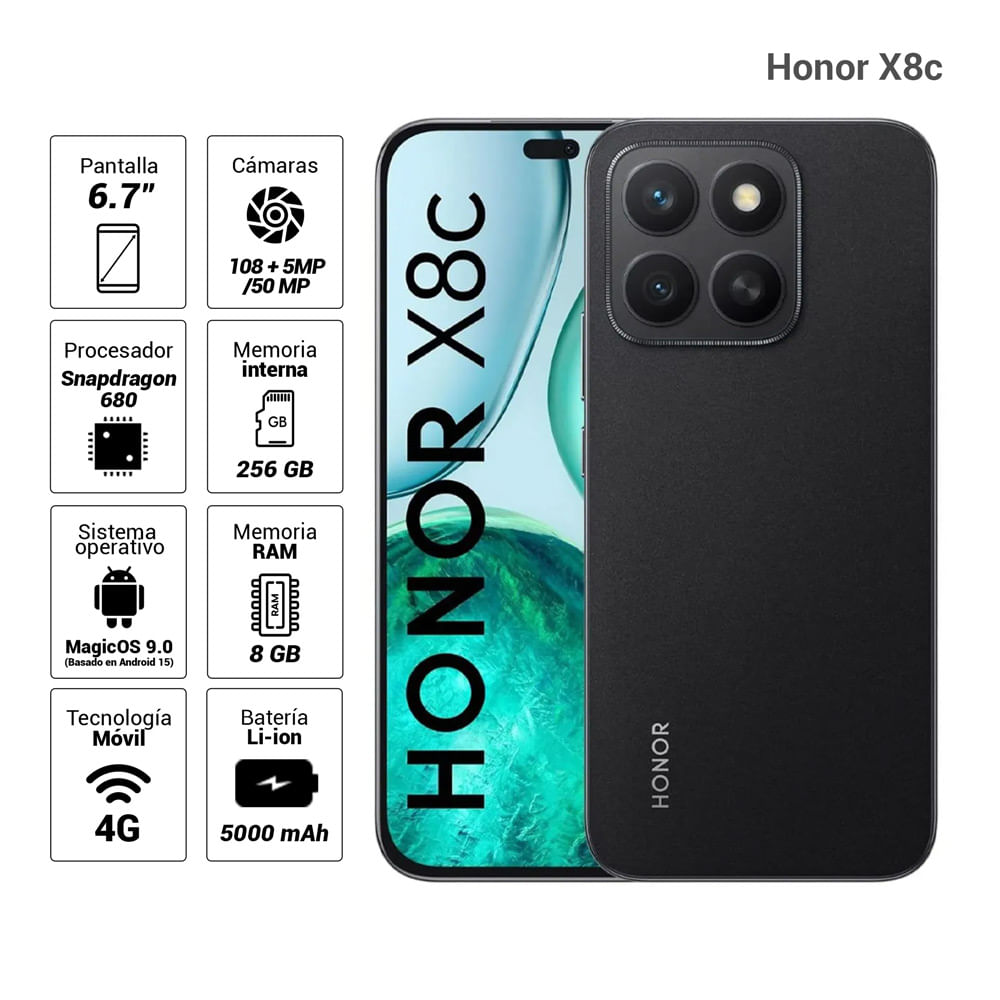 Celular Honor X8c 4G 256GB, 8GB RAM, cámara principal 108MP + 5MP, frontal 50MP, 6.7", negro