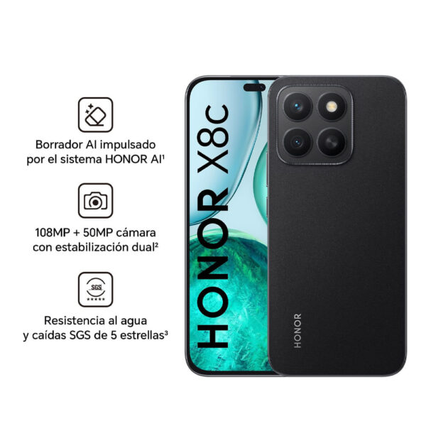 Celular Honor X8c 4G 256GB, 8GB RAM, cámara principal 108MP + 5MP, frontal 50MP, 6.7", negro