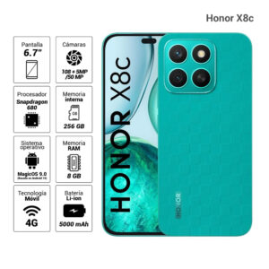 Celular Honor X8c 4G 256GB, 8GB RAM, cámara principal 108MP + 5MP, frontal 50MP, 6.7", verde