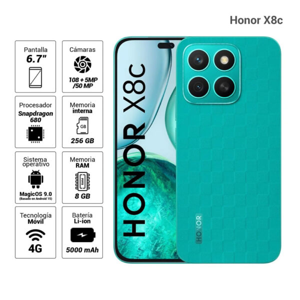Celular Honor X8c 4G 256GB, 8GB RAM, cámara principal 108MP + 5MP, frontal 50MP, 6.7", verde