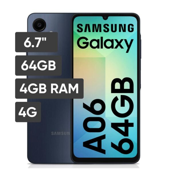 Celular Samsung Galaxy A06 4G 64GB, 4GB RAM, cámara principal 50MP, cámara frontal 8MP, 6.7", negro