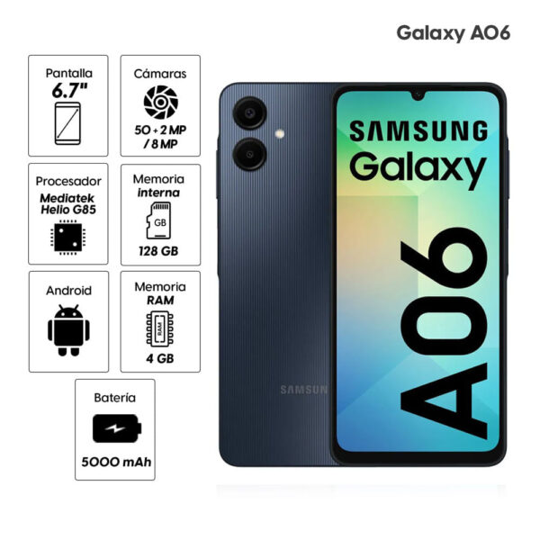 Celular Samsung Galaxy A06 6.7" 128GB, 4GB RAM, cámara principal 50MP, frontal 8MP, negro