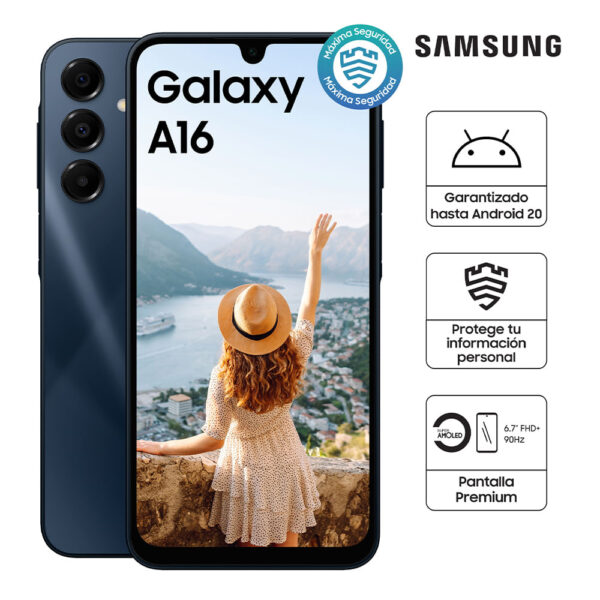 Celular Samsung Galaxy A16 4G 128GB, 4GB RAM, cámara principal 50MP + 5MP + 2MP, frontal 13MP, 6.7", negro