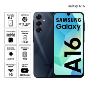 Celular Samsung Galaxy A16 4G 256GB, 8GB RAM, cámara principal 50MP + 5MP + 2MP, frontal 13MP, 6.7", negro
