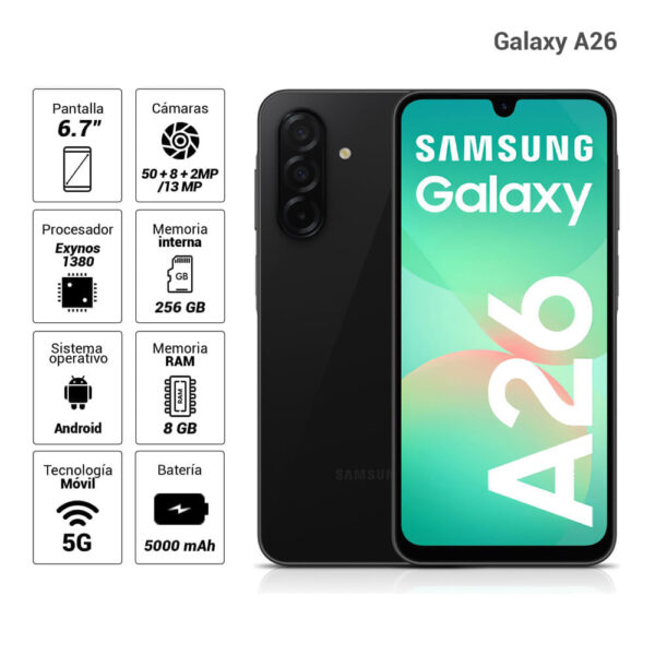 Celular Samsung Galaxy A26 5G 256GB, 8GB RAM, cámara principal 50MP+8MP +2MP, frontal 13MP, 6.7", negro