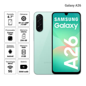 Celular Samsung Galaxy A26 5G 256GB, 8GB RAM, cámara principal 50MP, frontal 13MP, 6.7", verde