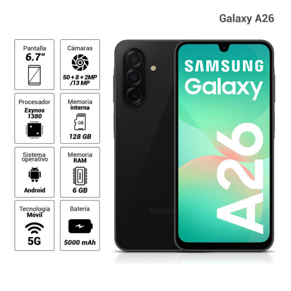 Celular Samsung Galaxy A26 5G Dual SIM, 128GB, 6GB RAM, cámara 50+8+2MP, frontal 13MP, negro