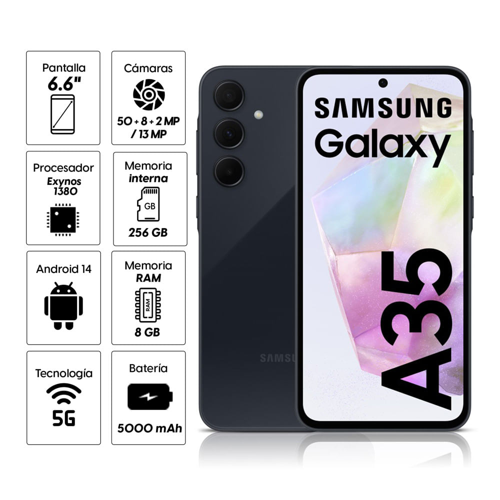 Celular Samsung Galaxy A35 5G 256GB, 8GB RAM, cámara principal 50MP + 8MP + 5MP, frontal 13MP, 6.6", negro
